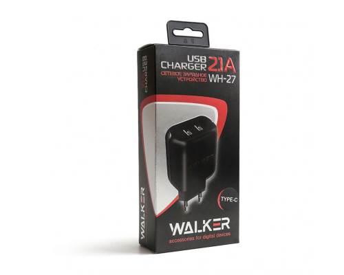 Мережевий зарядний пристрій (адаптер) 2в1 WALKER WH-27 2USB / 2.1A + Data Cabel USB to Type-C black