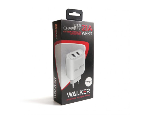 Мережевий зарядний пристрій (адаптер) 2в1 WALKER WH-27 2USB / 2.1A + Data Cabel USB to Type-C white