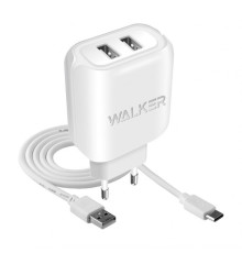 Мережевий зарядний пристрій (адаптер) 2в1 WALKER WH-27 2USB / 2.1A + Data Cabel USB to Type-C white