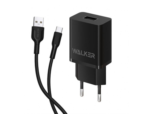 Мережевий зарядний пристрій (адаптер) 2в1 WALKER WH-26 1USB / 2.1A + Data Cabel USB to Type-C black