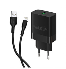 Мережевий зарядний пристрій (адаптер) 2в1 WALKER WH-35 1USB / QC3.0 / 3A / 15W + Data Cabel USB to Lightning black