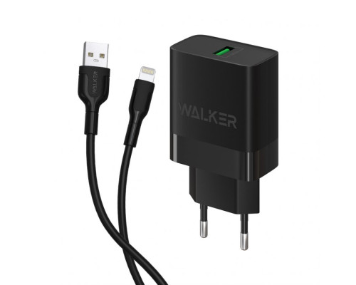 Мережевий зарядний пристрій (адаптер) 2в1 WALKER WH-35 1USB / QC3.0 / 3A / 15W + Data Cabel USB to Lightning black