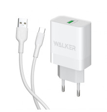 Мережевий зарядний пристрій (адаптер) 2в1 WALKER WH-35 1USB / QC3.0 / 3A / 15W + Data Cabel USB to Type-C white