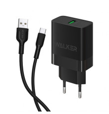 Мережевий зарядний пристрій (адаптер) 2в1 WALKER WH-35 1USB / QC3.0 / 3A / 15W + Data Cabel USB to Type-C black