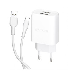 Мережевий зарядний пристрій (адаптер) 2в1 WALKER WH-31 2USB / 2.1A + Data Cabel USB to Type-C white