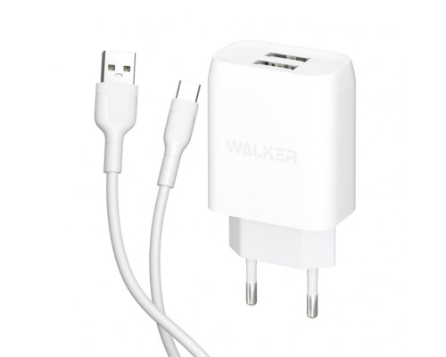 Мережевий зарядний пристрій (адаптер) 2в1 WALKER WH-31 2USB / 2.1A + Data Cabel USB to Type-C white