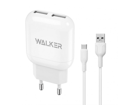 Мережевий зарядний пристрій (адаптер) 2в1 WALKER WH-33 2USB / 2.4A + Data Cabel USB to Type-C white