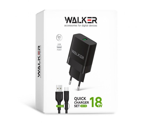 Мережевий зарядний пристрій (адаптер) 2в1 WALKER WH-35 1USB / QC3.0 / 3A / 18W + Data Cable USB to Micro black TPS-2710000323976 2710000323976