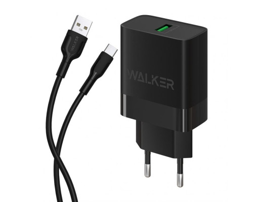 Мережевий зарядний пристрій (адаптер) 2в1 WALKER WH-35 1USB / QC3.0 / 3A / 18W + Data Cable USB to Type-C black TPS-2710000323990 2710000323990