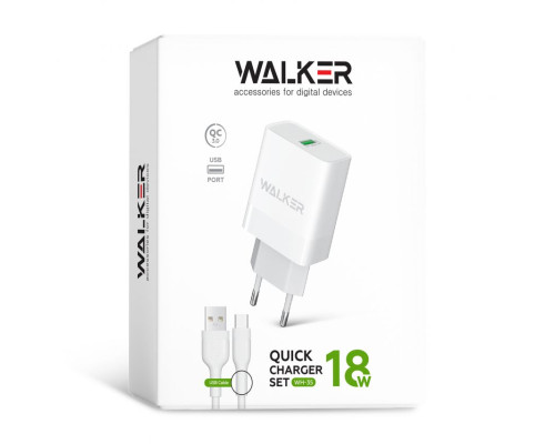 Мережевий зарядний пристрій (адаптер) 2в1 WALKER WH-35 1USB / QC3.0 / 3A / 18W + Data Cable USB to Type-C white TPS-2710000324003 2710000324003