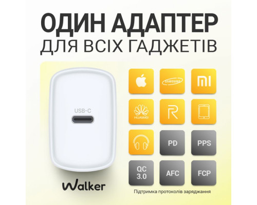 Мережевий зарядний пристрій (адаптер) 2в1 WALKER WH-64 PD_25W + Data Cable Type-C to Type-C white TPS-2710000331780 2710000331780