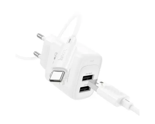 МЗП HOCO C141A Smart dual-port charger set 5V/2.1A + Type-C Cable White mag-6942007627917152125