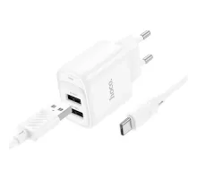 МЗП HOCO C141A Smart dual-port charger set 5V/2.1A + Type-C Cable White mag-6942007627917152125
