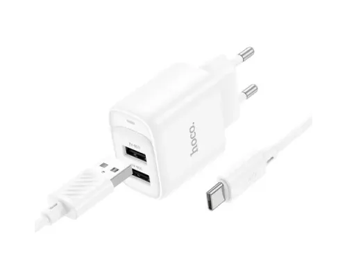МЗП HOCO C141A Smart dual-port charger set 5V/2.1A + Type-C Cable White mag-6942007627917152125