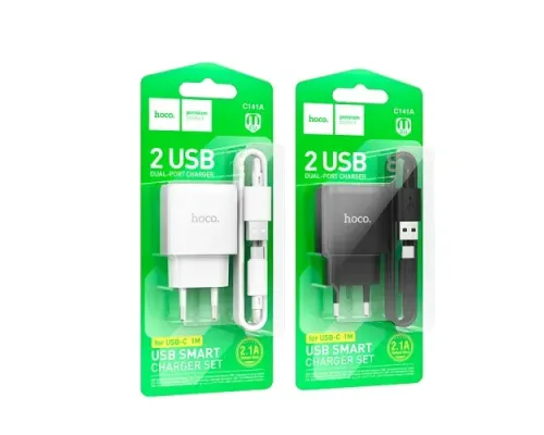 МЗП HOCO C141A Smart dual-port charger set 5V/2.1A + Type-C Cable White mag-6942007627917152125