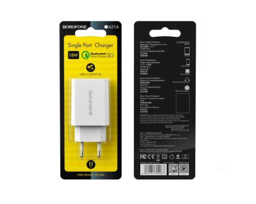 МЗП BOROFONE BA21A Long QC3.0 1USB/3A/18W білий mag-6931474702067137584