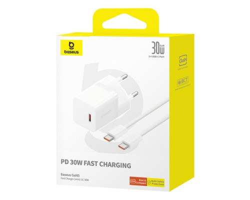 МЗП Baseus GaN5 Fast Charger(mini) 1C 30W EU Cable Type-C to Type-C 1m White P10110902213-00 mag-693217265444356150