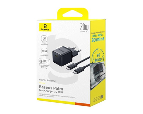 МЗП Baseus Palm Fast Charger 1C 20W + Cable Type-C to Type-C Black P10111602113-01 mag-6932172677411135345