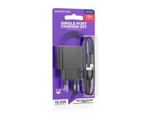 МЗП BOROFONE BAS11A Erudite single port 1USB/2.1A + Cable Micro чорний mag-6941991104633137597