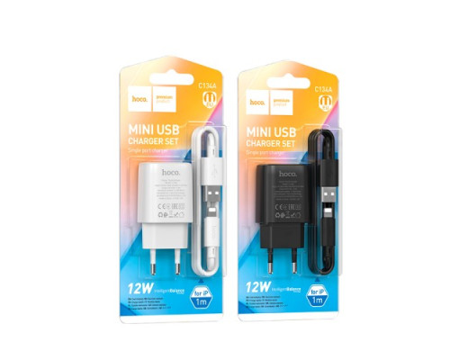 МЗП HOCO C134A Solid single-port charger + Lightning cable Black mag-6942007621311142602