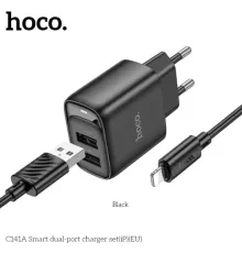 МЗП HOCO C141A Smart dual-port charger set 5V/2.1A + Lightning Black mag-6942007627863151545