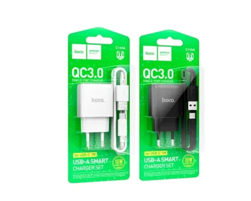 МЗП HOCO C140A Smart single port QC3.0 charger set 18W (QC/FCP/AFC) + Type-C Cable Black mag-6942007627825153846