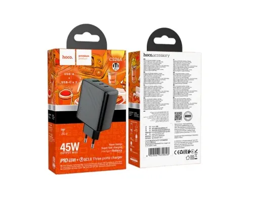 МЗП HOCO CS26A Article PD45W(2C1A) charger(EU) black mag-6942007639811144446