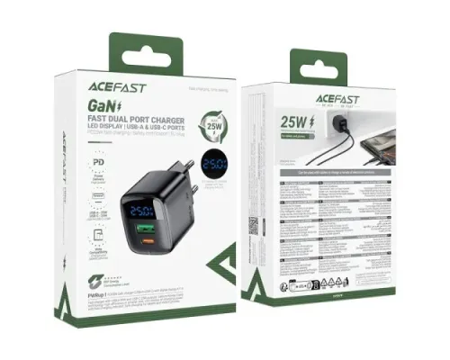 МЗП ACEFAST A114 PD25W GaN charger (USB-A+USB-C) with digital display Black mag-6974316284437153750