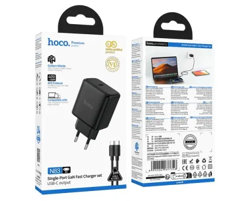 МЗП Hoco N83 Profit PD40W (1USB-C) + кабель Type-C to Type-C Black mag-6942007677356153374