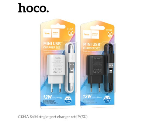 МЗП HOCO C134A Solid single-port charger + Lightning cable White mag-6942007621328142603