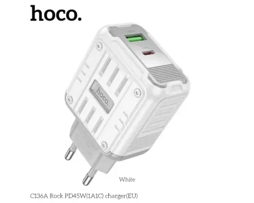 МЗП HOCO C136A Rock PD45W(1A1C) charger White mag-6942007627283144029