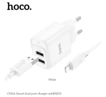 МЗП HOCO C141A Smart dual-port charger set 5V/2.1A + Lightning White mag-6942007627870151546