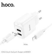 МЗП HOCO C141A Smart dual-port charger set 5V/2.1A + Lightning White mag-6942007627870151546