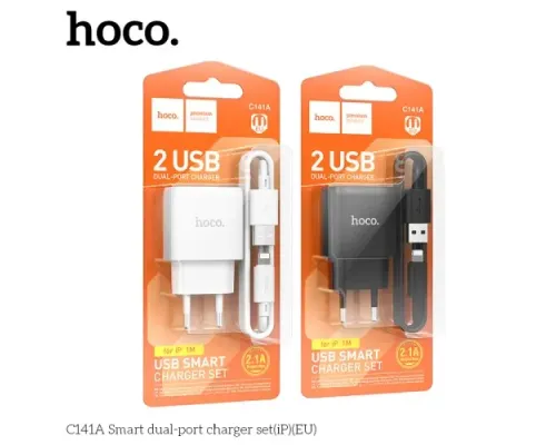 МЗП HOCO C141A Smart dual-port charger set 5V/2.1A + Lightning White mag-6942007627870151546