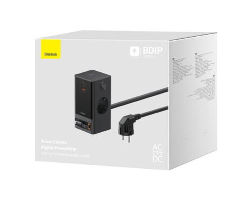 МЗП Baseus PowerCombo Digital PowerStrip 65W 2AC+1U+1C+Retractable Type-C Cable Black PSLR000301 mag-693217262543654545