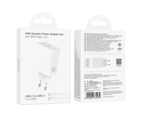 МЗП HOCO C162A Source single port PD40W charger set(C to C) White mag-6942007675239153963