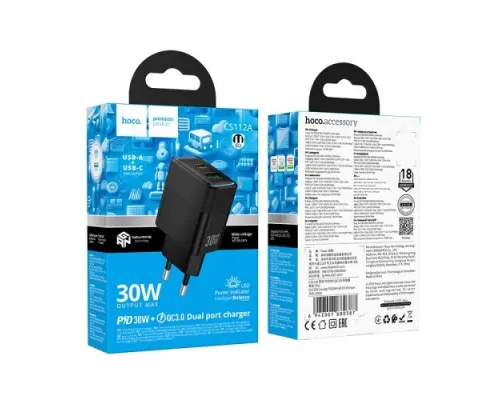 МЗП HOCO CS112A Lounge PD30W+QC3.0 charger EU Black mag-6942007680387153881