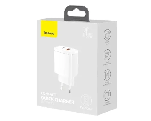 МЗП Baseus Compact Quick Charger U+C 20W EU White CCXJ-B02 mag-6953156207240144174