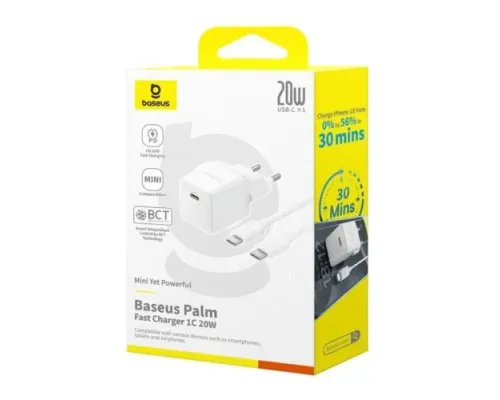 МЗП Baseus Palm Fast Charger 1C 20W Cable Type-C to Lightning White E0116400 mag-6932172696702153214