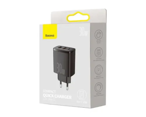 МЗП Baseus Compact Quick Charger 2U+C 30W EU Black CCXJ-E01 дефект пакування mag-2000001589076147455