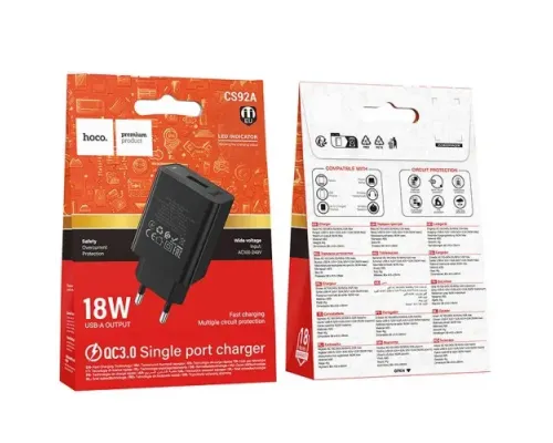 МЗП HOCO CS92A Leader single port QC3.0 charger(EU) Black mag-6942007671033153043