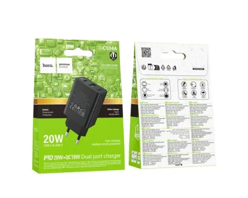 МЗП HOCO CS94A Leader PD20W+QC3.0 charger(EU) mag-6942007671101153108
