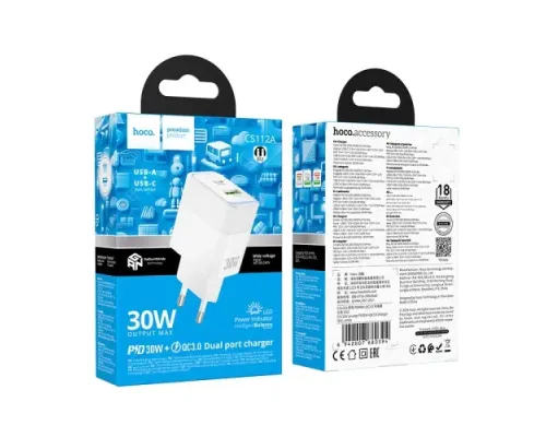МЗП HOCO CS112A Lounge PD30W+QC3.0 charger EU White mag-6942007680394153882