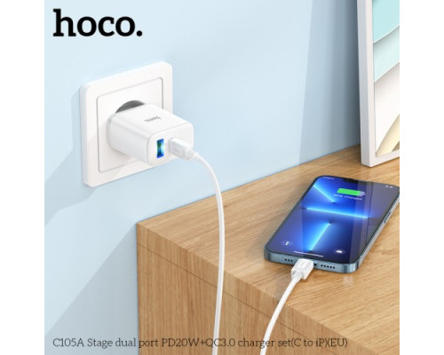 МЗП HOCO C105A Stage 1USB-C/1USB-A/PD20W/QC3.0/3A/C-to-iP Cable White mag-6931474782939143482