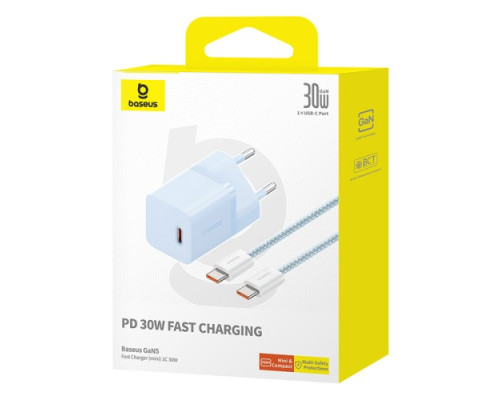 МЗП Baseus GaN5 Fast Charger(mini) 1C 30W EU Cable Type-C to Type-C 1m Blue P10110902313-00 mag-6932172654429135318