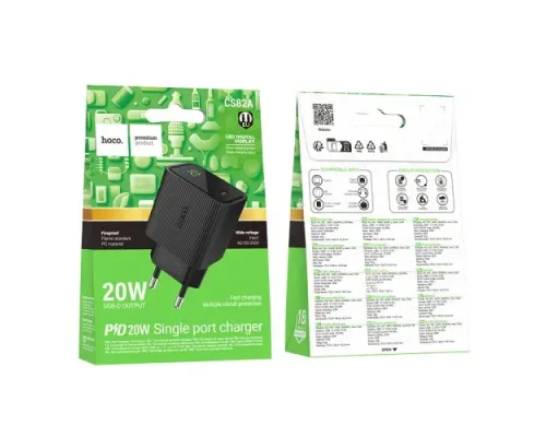 МЗП HOCO CS82A Excellent single port PD20W charger with digital display(EU) Black mag-6942007664493153034