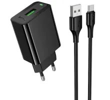 МЗП HOCO CS92A Leader single port QC3.0 charger set(Type-C) (EU) Black mag-6942007671057153044