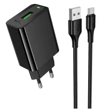 МЗП HOCO CS92A Leader single port QC3.0 charger set(Type-C) (EU) Black mag-6942007671057153044