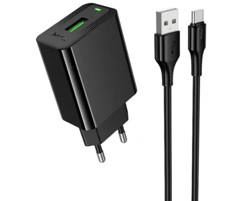 МЗП HOCO CS92A Leader single port QC3.0 charger set(Type-C) (EU) Black mag-6942007671057153044