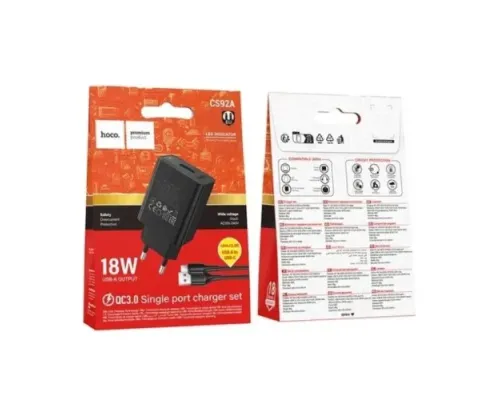 МЗП HOCO CS92A Leader single port QC3.0 charger set(Type-C) (EU) Black mag-6942007671057153044